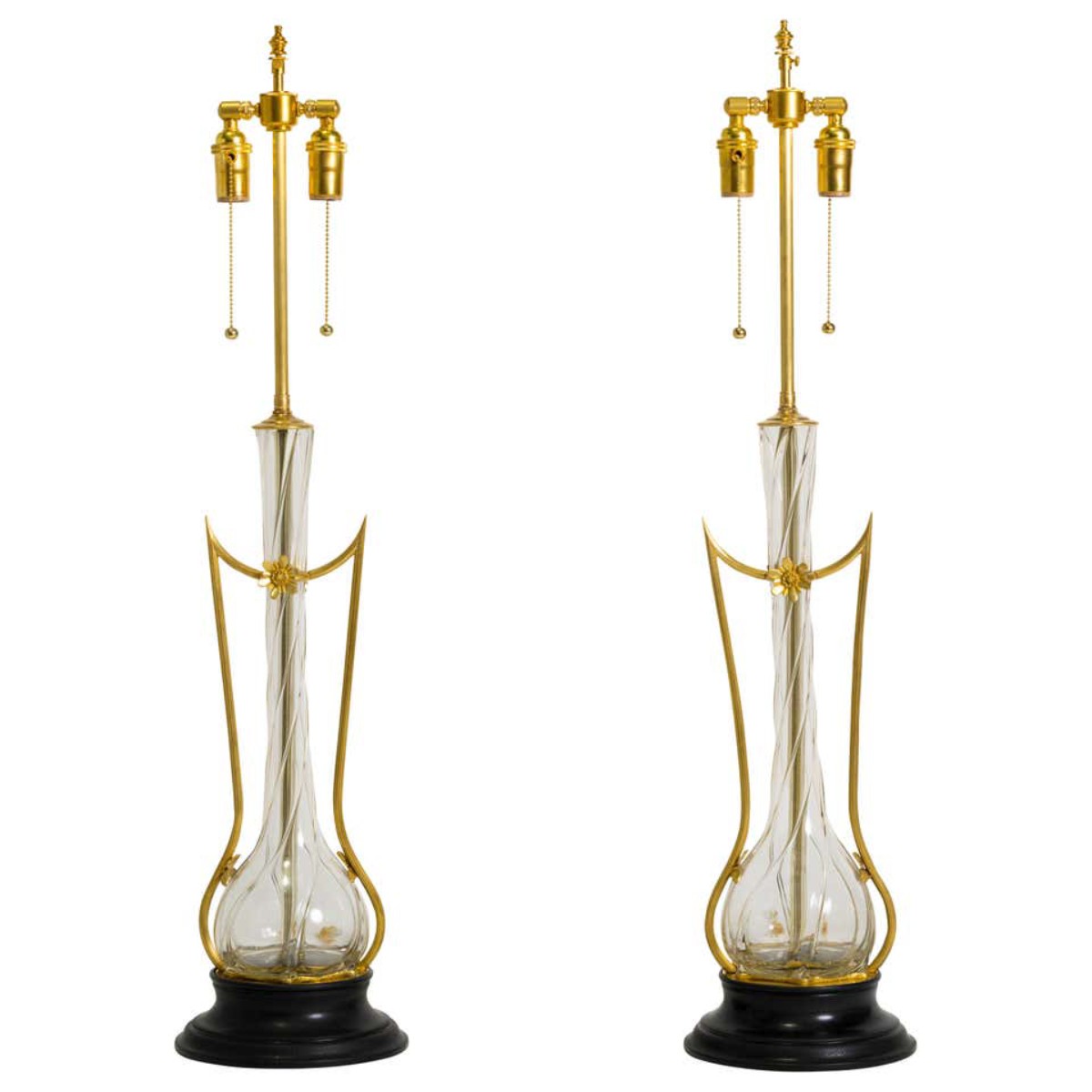 Pair of Art Nouveau Brass and Art Glass Lamps